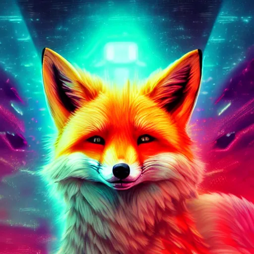 Prompt: digital fox, retrowave palette, digital world, highly detailed, anatomically correct vulpine, synth feel, fluffy face, ear floof, flowing fur, soft breeze, super realism, accurate animal imagery, 4 k digital art