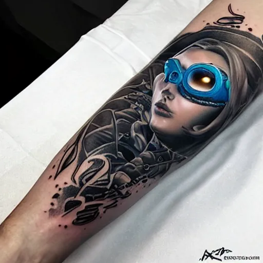 Prompt: cyberpunk underwater diver, black tattoo design, on white skin, by artgerm