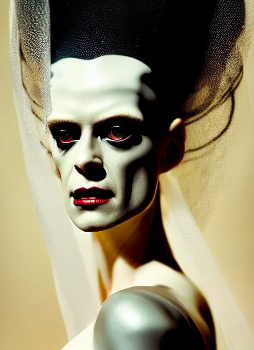 Image similar to portrait of kristen mcmenamy as a beautiful gentle futuristic bride of frankenstein from the movie bride of frankenstein, kintsugi, modern fine art, fractal, intricate, elegant, highly detailed, digital photography, subsurface scattering, by jheronimus bosch and greg rutkowski