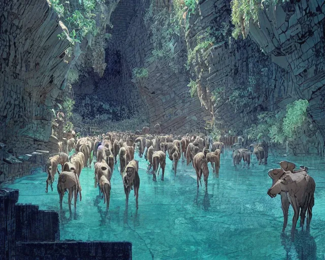 Image similar to a herd of centuars walking by abandoned greek architecture in shallow water, in a cave by the water, digital art, illustrated by james gurney and victo ngai