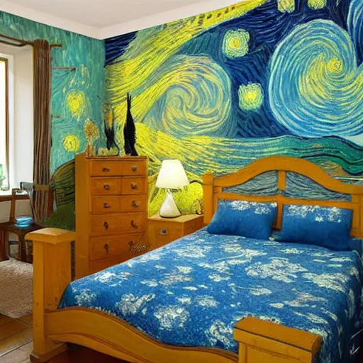 Image similar to a cozy bedroom interior with wall murals painted by van gogh, detailed, high resolution, wow!, intricate