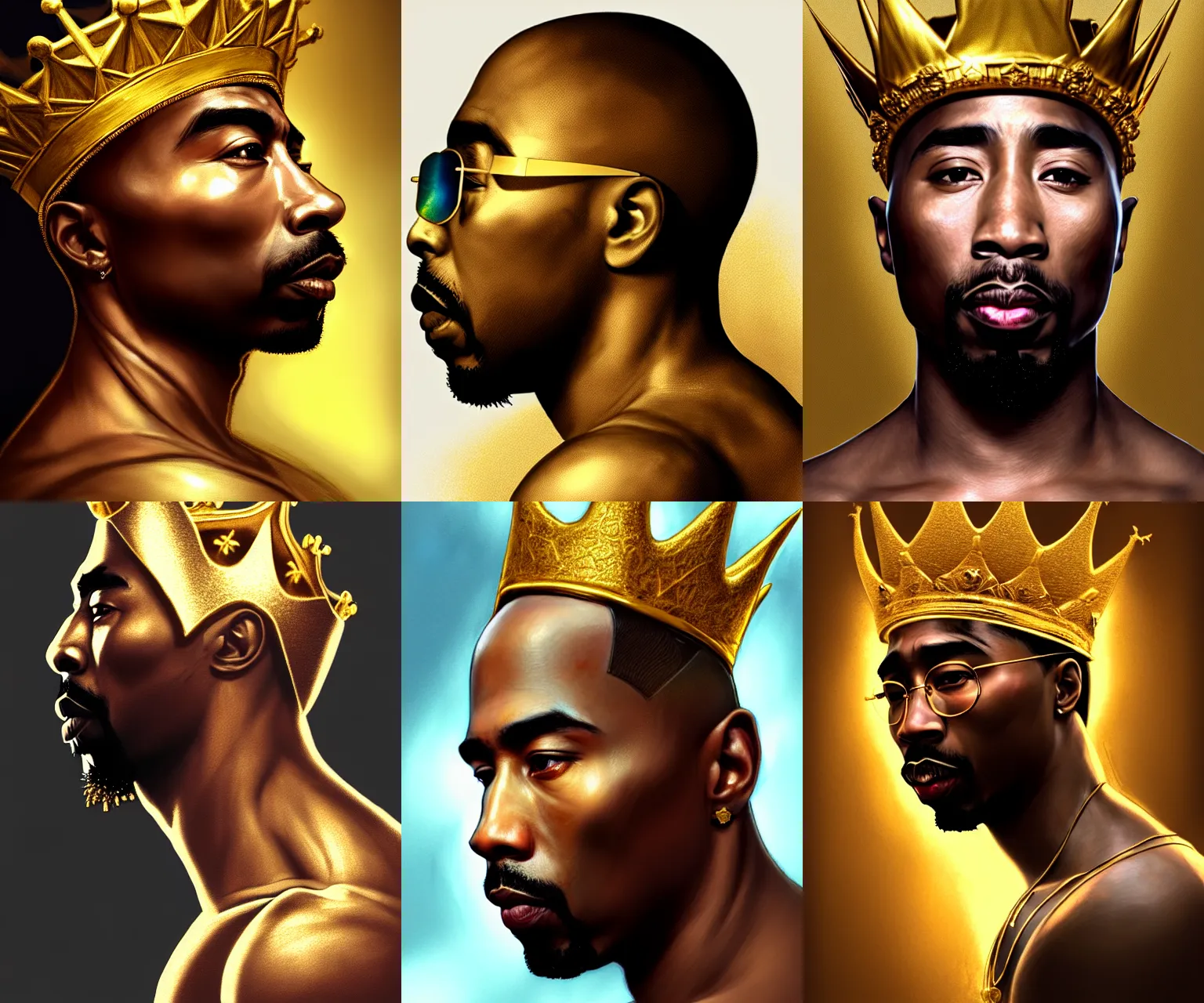 Prompt: side portrait of 2 pac with a golden crown, light iridescent color, gold glasses, fantasy, intricate, sharp focus, lens flare, bloom, rim light, illustration, highly detailed, digital painting, concept art, matte, art by ruan jia