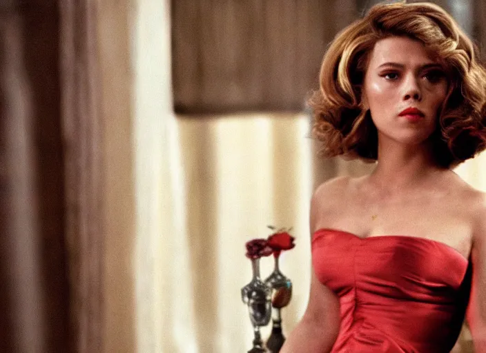 Image similar to movie still of a scarlett johannson with a very big bust in goodfellas, directed by martin scorsese