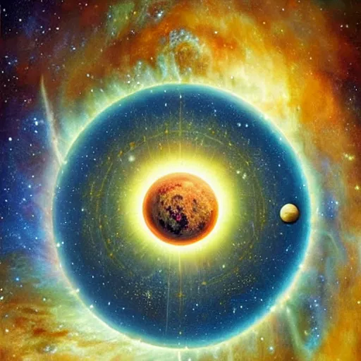 Prompt: A Solar System Sigil of Infinite Earths. by Thomas Kinkaid. Cosmic. Galactic. Nebula. Circular.