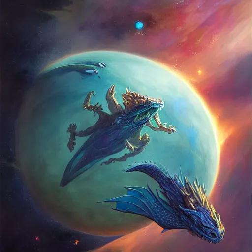 Prompt: Gigantic blue scaled dragon devouring an earth like planet while flying in space, Ancalagon, sun system, nebula, oil painting, by Fernanda Suarez and Edgar Maxence and Greg Rutkowski