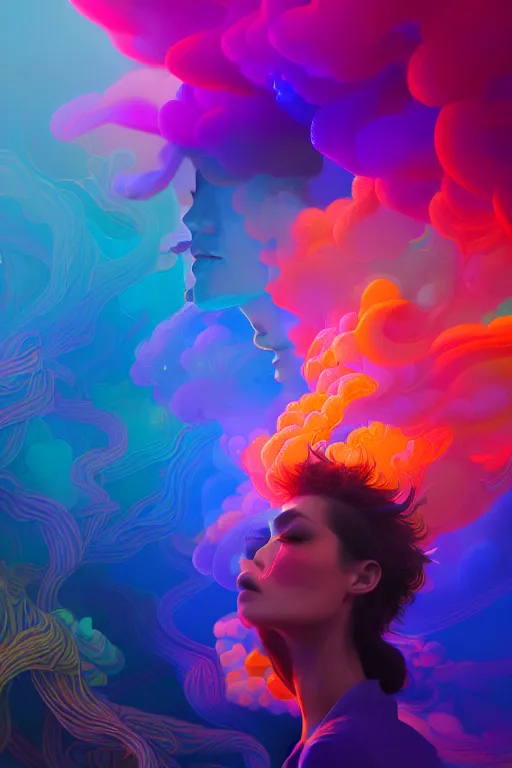 Image similar to colorful smoke forming silhouettes of faces, extremely colorful psychedelic experience, dmt, psilocybin, lsd, intricate, elegant, highly detailed, digital painting, artstation, smooth, sharp focus, illustration, art by krenz cushart, hana yata, octane render, unreal engine, 8 k