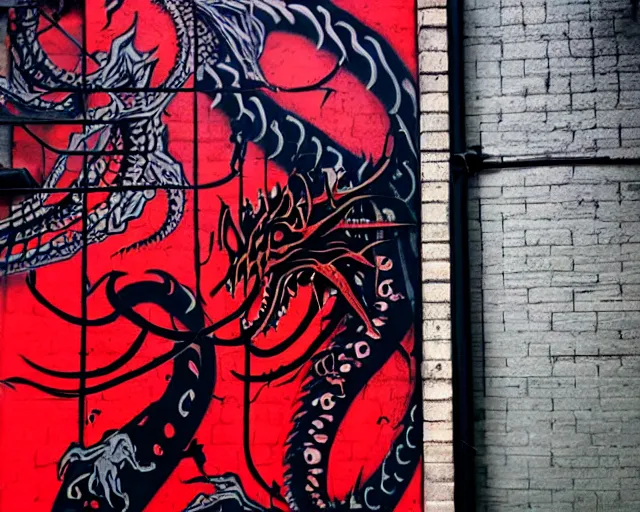 Image similar to a wall that has some lovecraftian graffiti on it inspired by wretched dragon rib cage. red and black colors. the art is horrific.