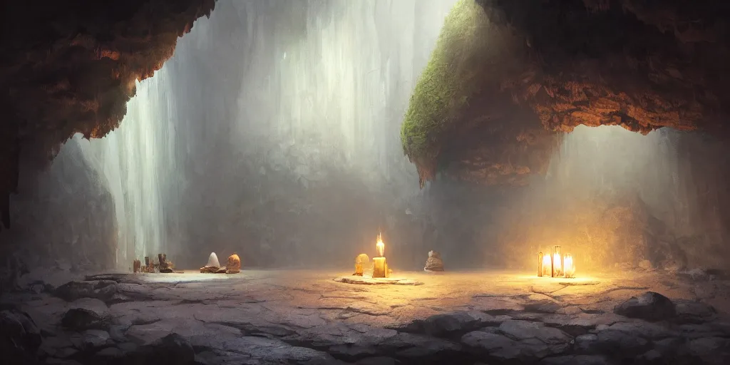 Prompt: cozy, empty bathhouse hidden in a cave, intimate, candlelight, towels, cushions, natural light, lush plants and flowers, elegant, smooth cave rock, fantasy, atmospheric lighting, digital painting, Greg Rutkowski concept art