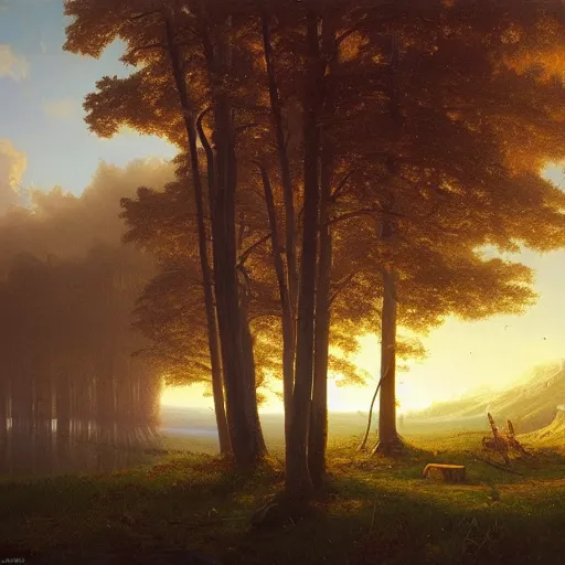 Image similar to Visions of the Past: Landscapes by Simon Stålenhag and Albert Bierstadt, oil on canvas