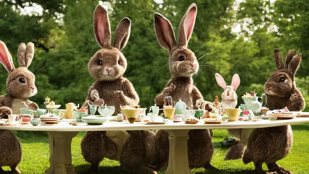 Prompt: film still from the movie chappie outdoor park plants garden scene bokeh depth of field several figures sitting down at a table having a delicious grand victorian tea party crumpets furry anthro anthropomorphic stylized rabbit bunny big chungus