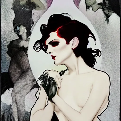 Image similar to aesthetic portrait of androgynous ruby rose as desire from sandman in a white tuxedo!!!, rockabilly style,, by alphonse mucha, by jeremy mann, by peter lindbergh, dave mckean, by frank moth, white suit and black tie, soft lightning, high detailed, 8 k