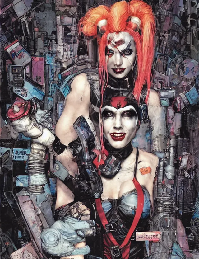 Image similar to a dream portrait of cyberpunk Harley Quinn in post apocalyptic Gotham art by Paul Dini, Travis Charest, Simon Bisley