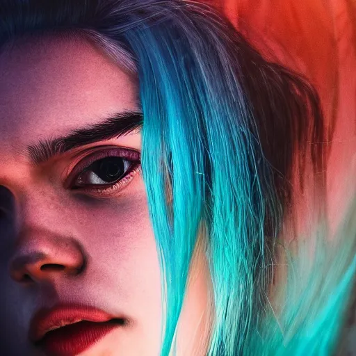 Image similar to Instagram selfie of Grimes' hair flowing like ocean waves, trending on artstation, macro photography, photorealistic quality, 4k, 8k, trending on artstation, artstationHQ, artstationHD.