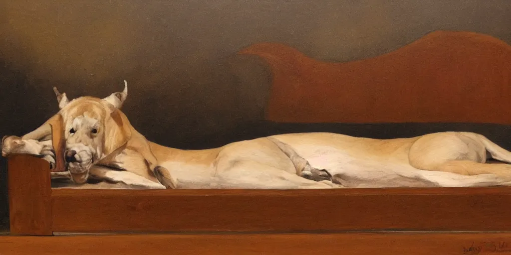Prompt: buck laying on a cot, jack paluh, oil painting