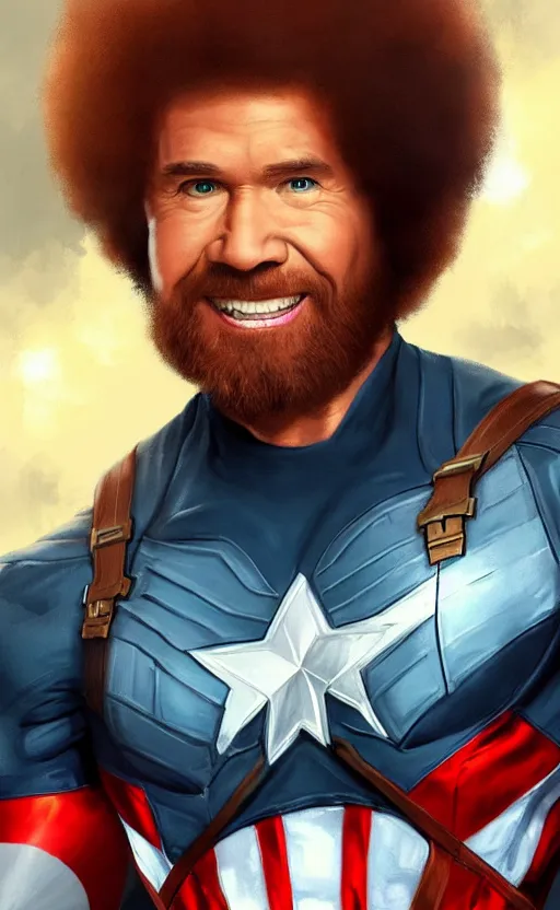 Image similar to bob ross as captain america, dynamic lighting, cinematic, ultra detailed, trending on art station, stunning visuals, creative, fantasy concept art