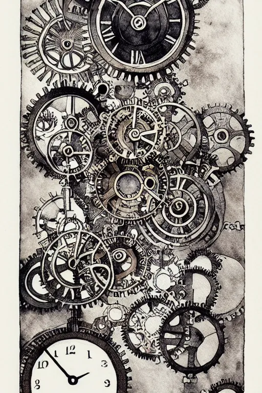 Prompt: steampunk gears, and eternal clock without numbers, dark and gothic, full frame, art by kay nielsen and walter crane, black and white illustration style, watercolor
