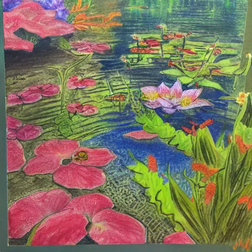 Prompt: the flowers are really bedraggled and the koi have been lethargic all summer, midday sunlight, oil pastels, concept art,