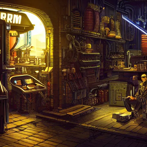 Image similar to cyberpunk merchant in their shop, Industrial Scifi, detailed illustration, Chiaroscuro, character art, by Martin Grip and Moebius