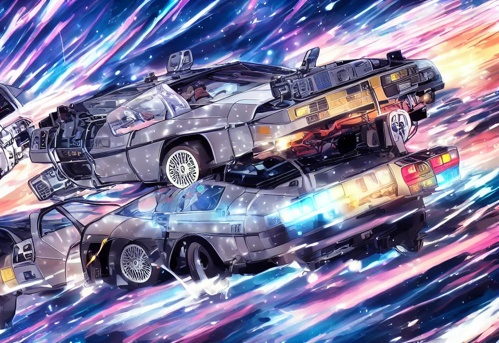 Image similar to An anime art of two delorean, digital art, 8k resolution, anime style, high detail, lowrider style, wide angle