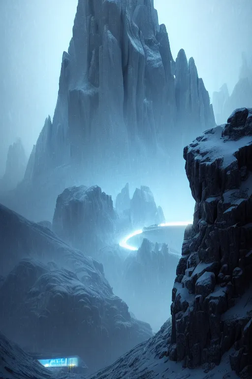 Image similar to futuristic atmosphere in the snowy mountains dolomites 3 d concept art, neon lights, cinematic lighting, rule of thirds, depth of field, intricate details, building by zaha hadid, stormy weather, emissary space by arthur haas and bruce pennington and john schoenherr, cinematic matte painting, dark moody colors, trending on artstation, featured on behance