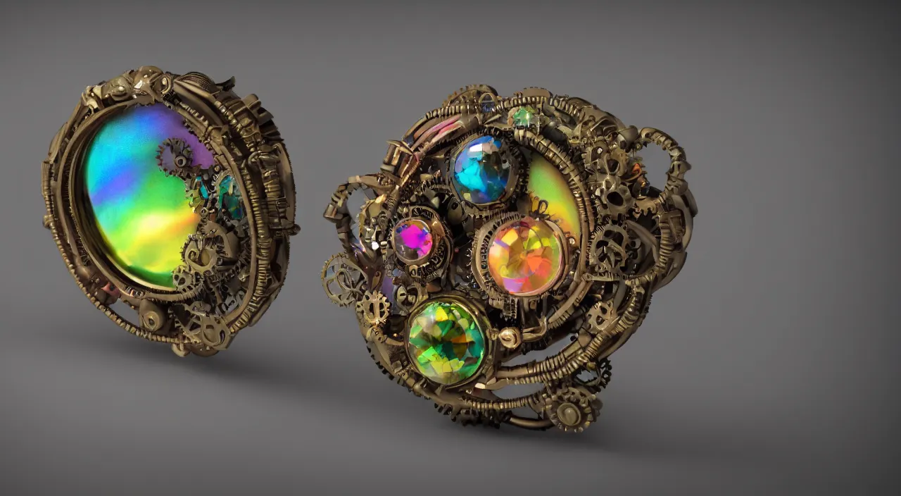 Prompt: a steampunk ring with rainbow colours, macro photography, F/2.8, trending on artstation, octane render