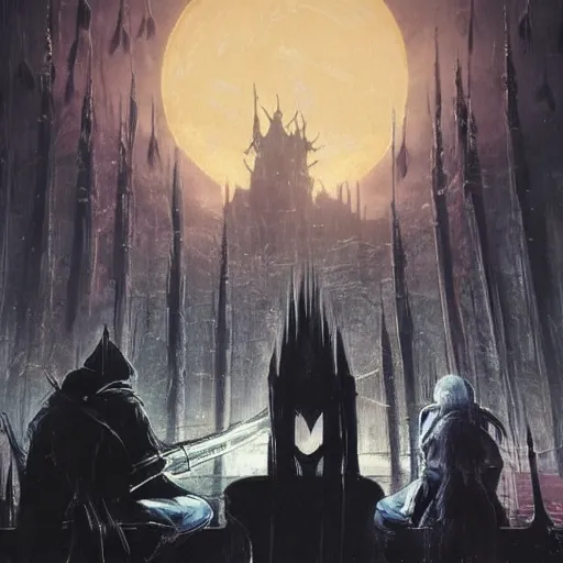 Prompt: hunter from bloodborne sitting next to each other in a room, retrofuturism, sitting next to each other in a room, concept art by yoshiyuki tomino, by yoshiyuki tomino, cg society contest winner, behance contest winner, toonami, redshift, official art, ps 1 graphics