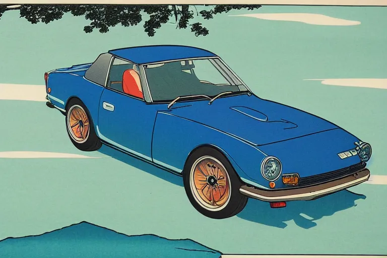 Image similar to ukiyo - e painting of a detailed 1 9 6 9 datsun fairlady roadster