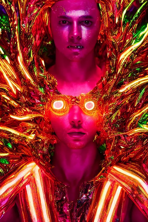 Prompt: hyper detailed ultra sharp portrait of baroque and bladerunner delicate neon ruby sculpture of seductive albino prince royce tigers orange iridescent humanoid deity wearing metallic hoody made out of leaves holding the sun prismatic dungeon, glowing rainbow face, crown of white diamonds, cinematic lighting, photorealistic, octane render 8 k depth of field 3 d