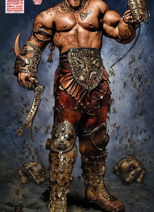 Prompt: full body portrait of martyn ford as the minotaur wearing leather and metal armour, dynamic action, by norman rockwell and jesper ejsing and tom lovell and frank schoonover