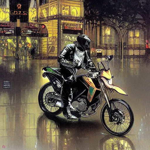 Image similar to futuristic drz 4 0 0 s time machine at night in the rain driving on the a city street by greg rutowski, by stanley artgerm, by alphonse mucha