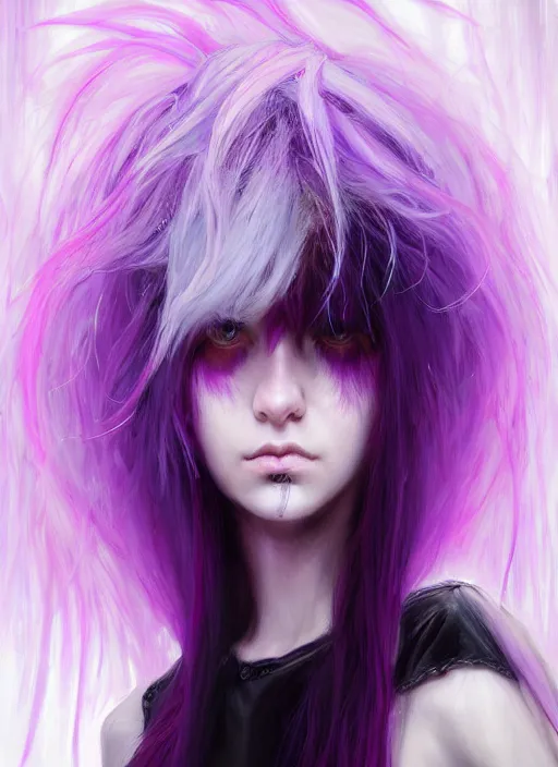 Image similar to hair whitebangs hair, black cyberlox, portrait of normal teenage girl, white bangs, messy bangs, fluffy bangs, cyberlox, whitebangs, red irises, purple background, intricate, elegant, highly detailed, digital painting, artstation, concept art, sharp focus, smooth, illustration, art by wlop, mars ravelo and greg rutkowski