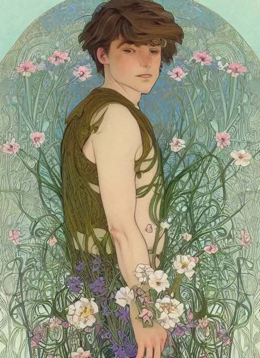 Image similar to book cover, pretty young man with shoulder length blond hair, male, half body shot, flower pattern background, path traced, highly detailed, high quality, digital painting, by studio ghibli and alphonse mucha, leesha hannigan, hidari, art nouveau, chiho aoshima, jules bastien - lepage