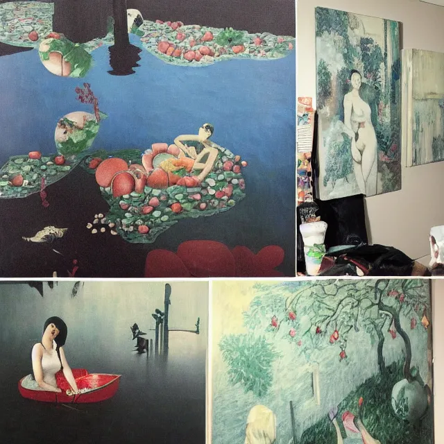 Image similar to tall female emo artist in their flooded apartment, painting of flood waters inside an artist's home, a river flooding indoors, pomegranates, pigs, ikebana, zen, water, octopus, river, rapids, waterfall, black swans, canoe, berries, acrylic on canvas, surrealist, by magritte and monet