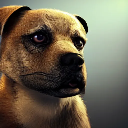 Image similar to crisp quality and light reflections, photorealistic portrait, studio lighting, still photo of a cute dog in the uncanny valley, bright studio setting, highly detailed, unreal engine 5 quality render