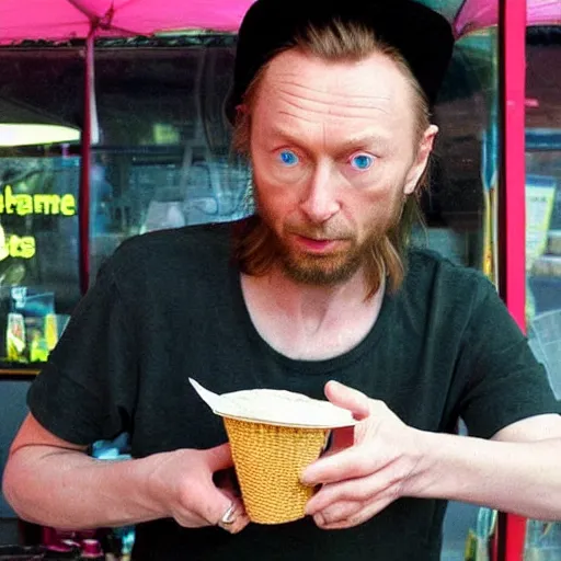 Image similar to “ thom yorke is buying ice - cream at the dirty ice - cream booth in the street, movie screenshot, cinematic, epic, dramatic ”