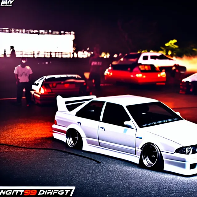 Image similar to a car JZX90 twin turbo drift at illegal car meet, Saitama prefecture, city midnight mist lights, cinematic lighting, photorealistic, highly detailed wheels, high detail