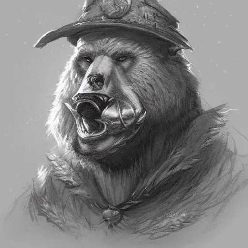 Image similar to dashing charming grinning charismatic bear beast-man rogue, wearing captain's tricorne hat, naval background, amazing, lifelike award winning pencil illustration trending on art station artgerm Greg rutkowski cinematic