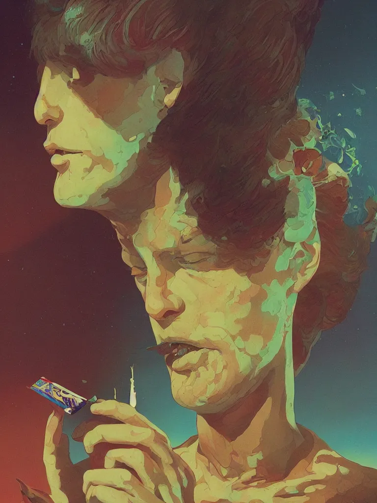 Image similar to a scifi closeup portrait of a young british man licking a blotter paper of LSD acid on his tongue and dreaming psychedelic hallucinations in cosmos, by kawase hasui, moebius, Edward Hopper and James Gilleard, Zdzislaw Beksinski, Steven Outram colorful flat surreal design, hd, 8k, artstation