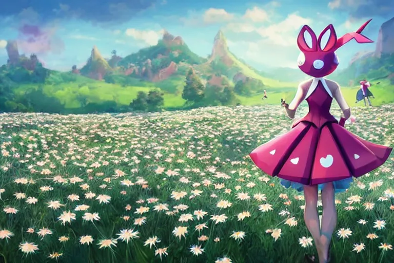 Prompt: ( ( low _ poly ) ) ( ( playstation ) ) running ( ( anthropomorphic ) ) ( ( lurantis ) ) ( [ maid ] ) wearing a hat ( standing ) in a ( ( field ) of daisies ), holding her arms in front, mount coronet in the distance illustration by ruan jia on artstation