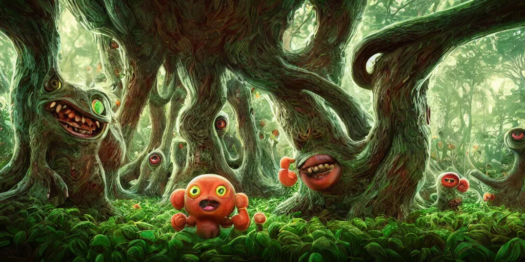 Image similar to of an intricate forest with strange cute friendly happy creatures with huge eyes, mouth, long tongue, round teeth and goofy face, appearing from the background, in the style of gehry and gaudi, macro lens, shallow depth of field, ultra detailed, digital painting, trending artstation, concept art, illustration, cinematic lighting, photorealism, epic, octane render