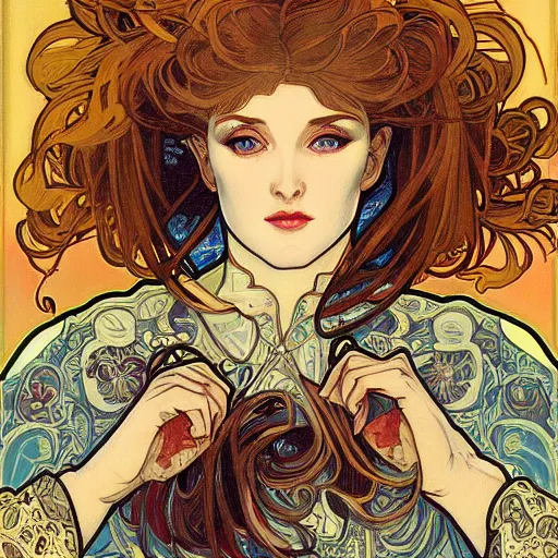 Prompt: a painting in the style of ayami kojima and in the style of alphonse mucha.