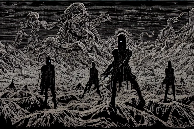 Image similar to ghost warriors, dark landscape, by dan mumford and by alberto giacometti, peter lindbergh, malevich, william stout