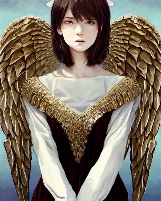 Image similar to an infinitely detailed portrait of a frail and pale female peace angel fully clothed. elegant clothes full - body, beautiful! scenery art!! coherent! by wlop & murata range, by ilya kuvshinov. victorian armor. artstation!! / pixiv!! elegantly armored angel portrait full - body, dreamy art