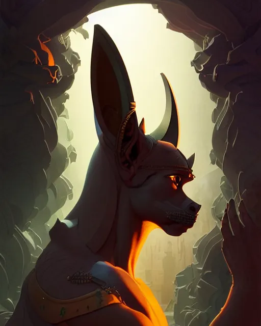 Prompt: side profile, mighty anubis in his chambers of the dead, dramatic, elegant, highly detailed, concept art, smooth, muted colors, by huang guangjian, sachin teng, greg rutkowski, jesper ejsing, ilya kuvshinov, artgerm, mucha