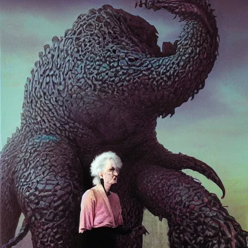 Prompt: portrait of a woman and her giant monster pet, by wayne barlowe