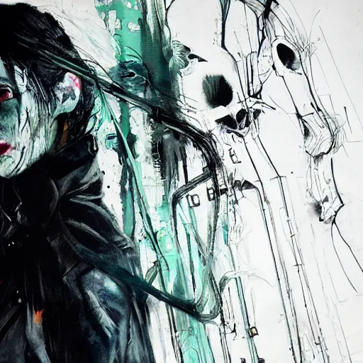 Image similar to a cyberpunk noir detective, skulls, wires cybernetic implants, machine noir grimcore in cyberspace photoreal, atmospheric by jeremy mann francis bacon and agnes cecile, ink drips paint smears digital glitches