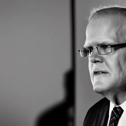 Image similar to ultrarealistic photo of former prime minister scott morrison lurking in the shadows in the style of film noir, full body, hiding, high contrast, 8 k, raw, unedited, symmetrical balance, in - frame