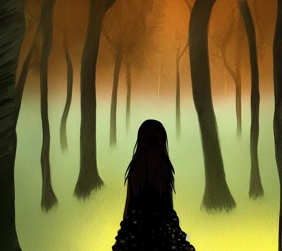 Image similar to a girl wandering in a dark forest, dim lighting, digital painting, scary atmosphere