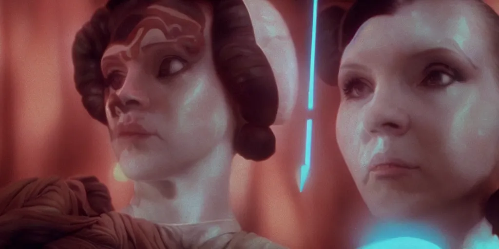 Prompt: screenshot portrait of Jedi Princess Leia, on a planet of maelstrom, chaos, the world without form and void, 1970s film by Stanley Kubrick, lost star wars film, iconic scene, HR Geiger design, stunning cinematography, hyper-detailed, sharp, anamorphic lenses, kodak color, 4k, stunning
