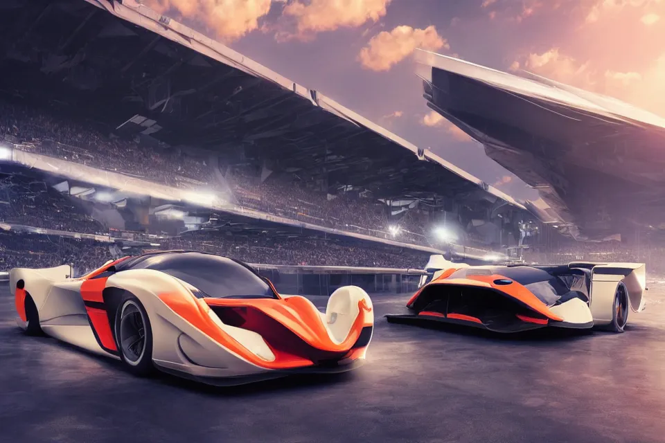 Image similar to Futuristic Hover Car Le Mans Races In Italy Circa Year 10,0000 Designed by Syd Mead and Pininfarina, beautiful sunset, photorealistic, hyperrealistic, octane render, HDR, IG Studios Anime Style